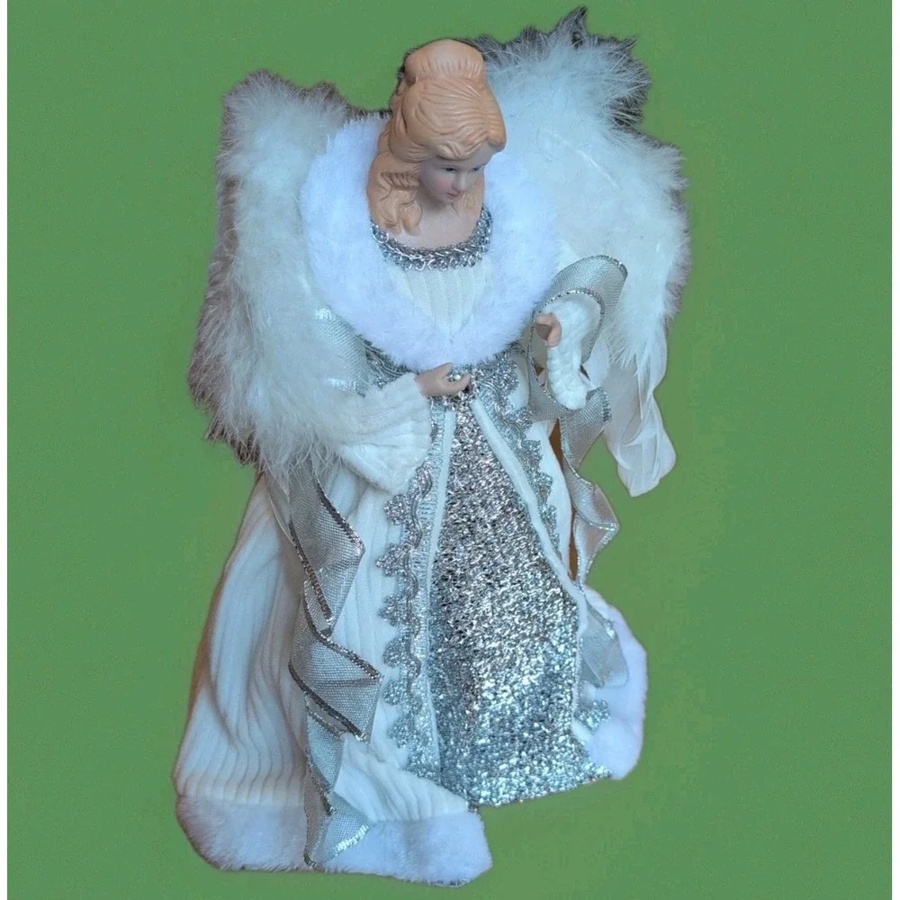 Victorian Xmas Angel Tree Topper White‎ Silver  Feather wings 12